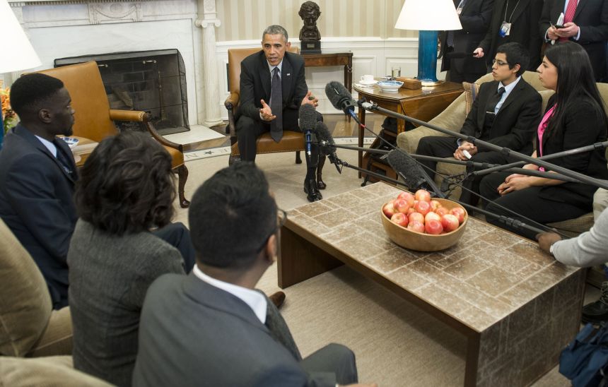 US President Barack Obama speaks about immigration reform during a meeting with young immigrants, known as DREAMers, in the Oval Office of the White House in Washington, DC, February 4, 2015. The group has received Deferred Action for Childhood Arrivals (DACA), which provides relief from deportation for immigrants who arrived in the US illegally before they were 16 years old. (Saul Loeb/AFP via Getty Images)