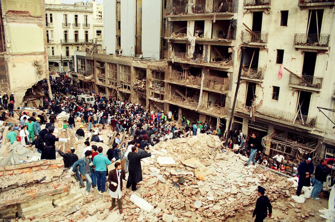 The aftermath of the bomb attack at the AMIA center in Buenos Aires on July 18, 1994.