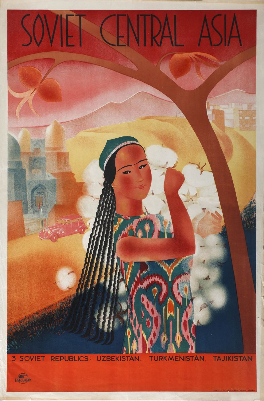 An Intourist poster created in 1934 advertises a journey through Central Asia.