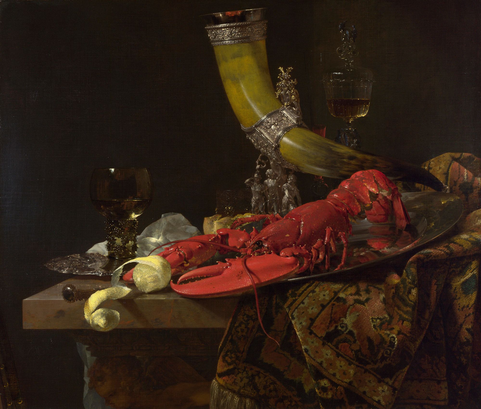 A Willem Kalf still-life from 1653 depicted an array of luxury objects, with the lobster as the star. Flemish artists during this period painted lavish scenes of imported goods as a show of worldliness, power and wealth.