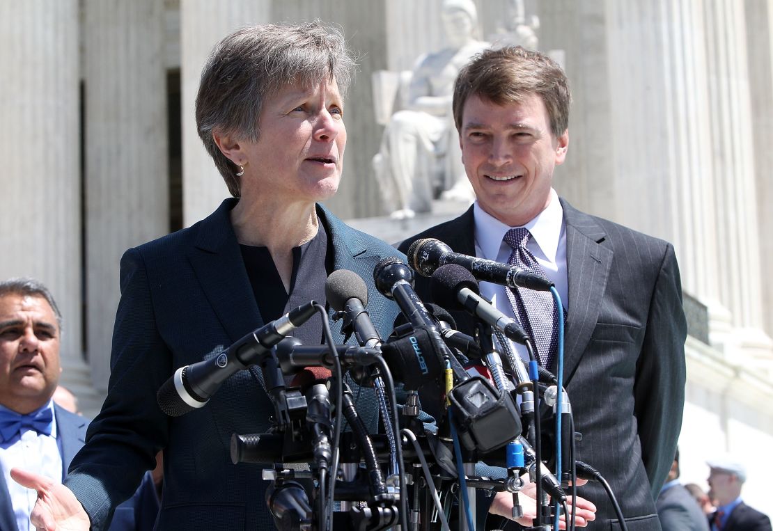Civil Rights Lawyer Mary Bonauto, primary counsel for the plaintiffs, speaks outside of the Supreme Court of the United States on April 28, 2015, in Washington, DC.