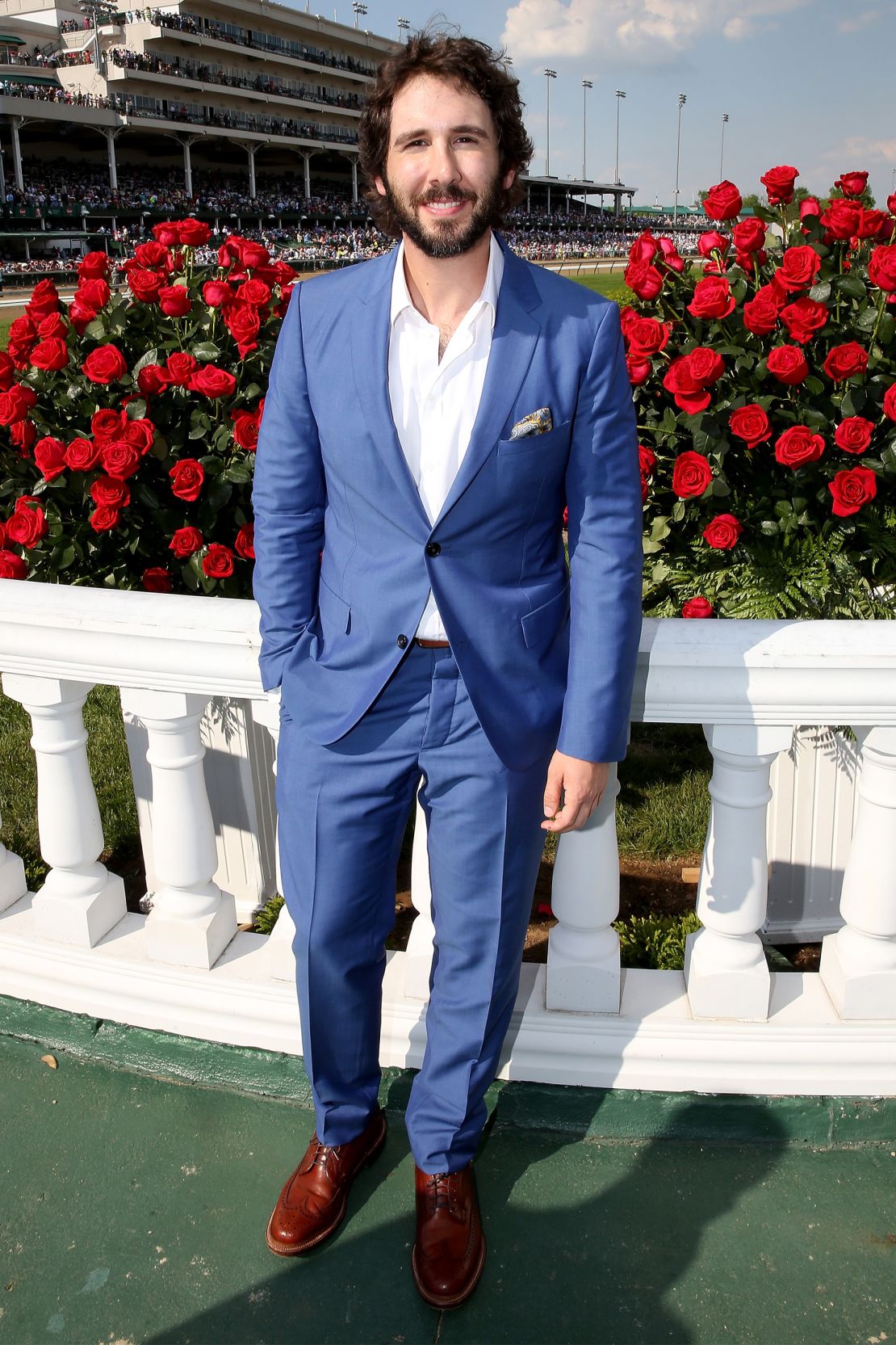 Josh Groban poses at the 141st Kentucky Derby at Churchill Downs on May 2, 2015.