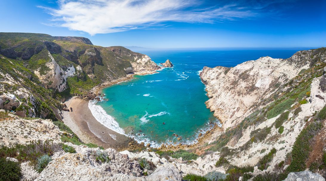 A panoramic view of Potato Harbor shows Santa Cruz Island at its best.
