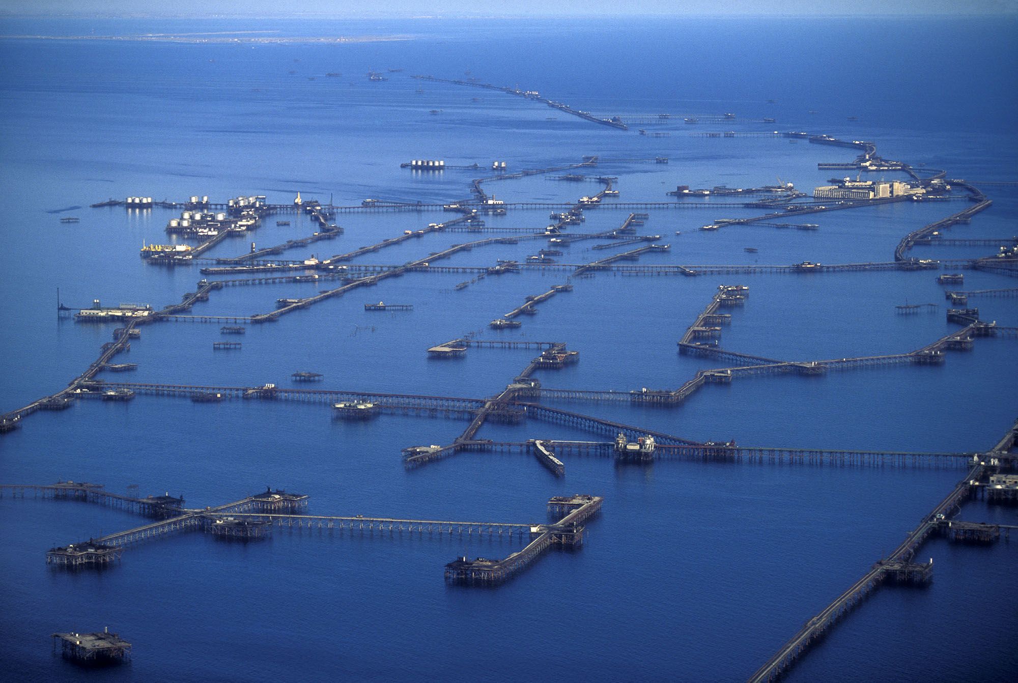 Neft Daşları, known as Oil Rocks, an industrial settlement in the Caspian Sea off the coast of Baku, Azerbaijan in 1997.