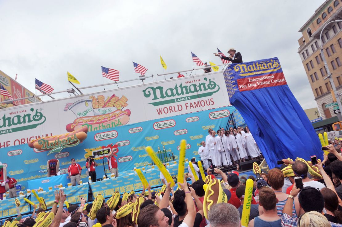 George Shea attends 2015 Nathan's Famous 4th Of July International Hot Dog Eating Contest at Coney Island on July 4, 2015 in New York City.
