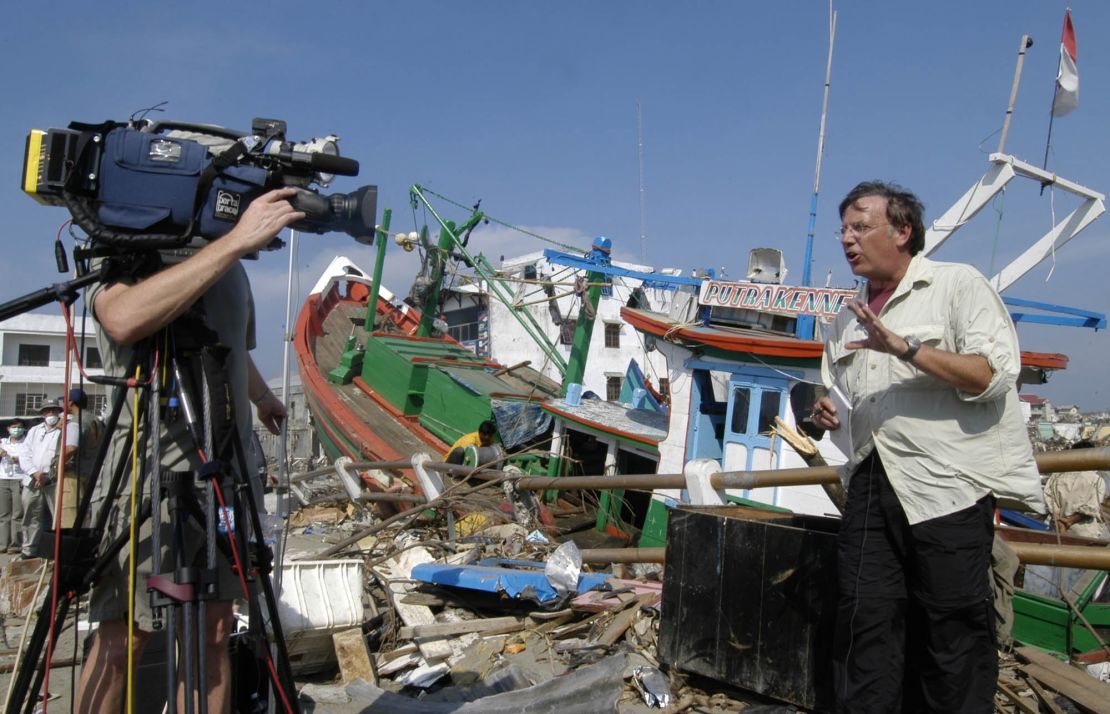 CNN's Aaron Brown broadcast from atop the Jembatan di Penayon Bridge in Banda Aceh, Indonesia, 150 miles from the epicenter of the South Asian earthquake that struck on December 26, 2004.