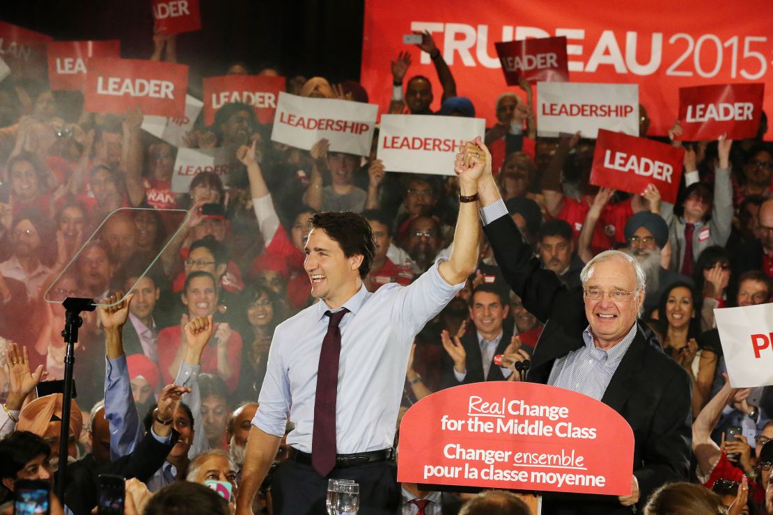 Justin Trudeau campaigns with former Prime Minister Paul Martin during the Canadian Federal Election in Brampton on August 25, 2015.