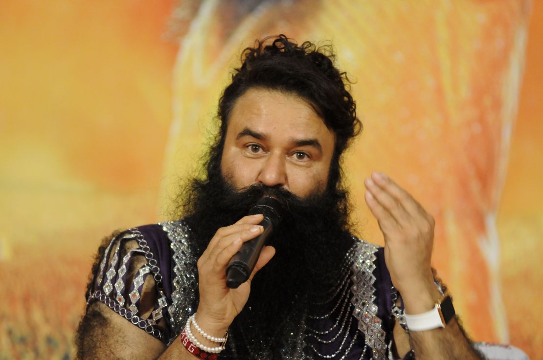 GURGAON, INDIA - SEPTEMBER 16: Head of Dera Sacha Sauda sect Gurmeet Ram Rahim Singh addressing the media during the premiere of his upcoming movie MSG-2 at sector-29 on September 16, 2015 in Gurgaon, India. Directed by Gurmeet Ram Rahim Singh Ji Insan, ‘MSG 2’, the sequel to 'MSG: The Messenger', which released earlier this year, is all set to hit theatres this Friday. (Photo by Parveen Kumar/Hindustan Times via Getty Images)