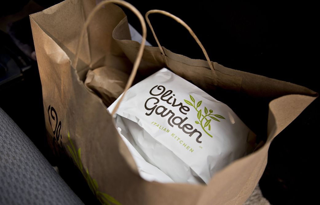 A takeout order from Olive Garden. The chain is testing small portions of some its entrées.