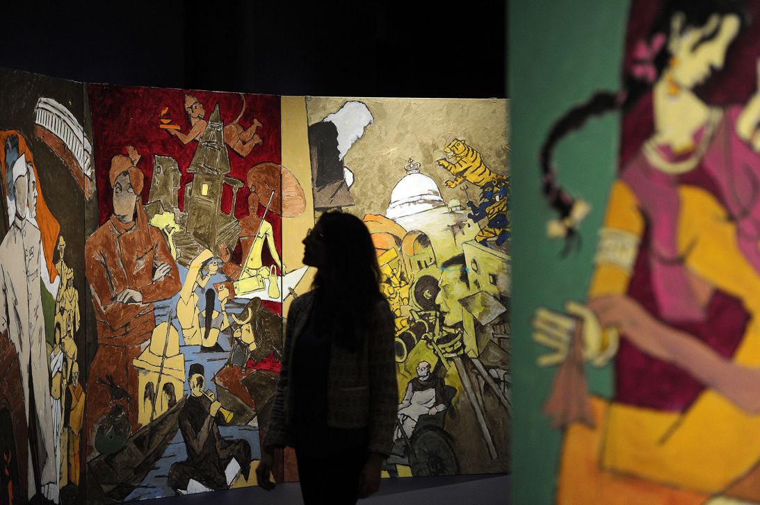Husain's "Tale of Three Cities" on show at London's Victoria & Albert Museum in 2014.