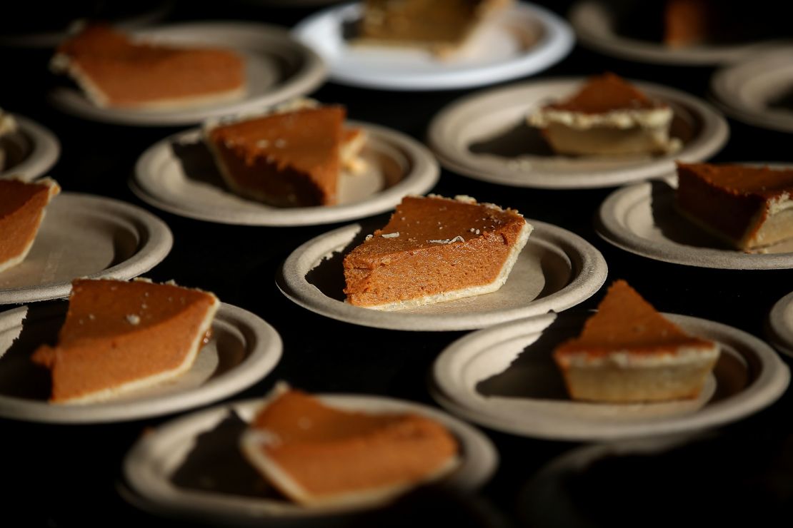 Slices of pumpkin pie sit on a table during the Great Thanksgiving Banquet hosted by the Bay Area Rescue Mission on November 25, 2015 in Richmond, California.