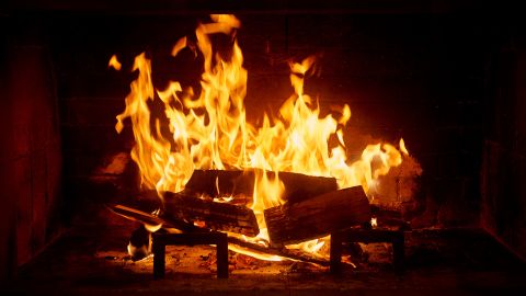 Burning fireplace.