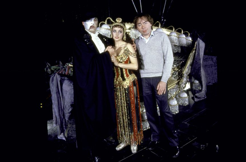 Andrew Lloyd Webber (right) poses with posing with Michael Crawford and Sarah Brightman during rehearsals for 