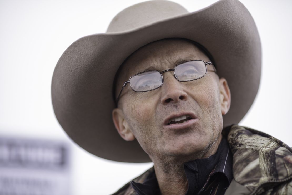 LaVoy Finicum speaks to reporters at the occupied Malheur National Wildlife Refuge Headquarters in Burns, Oregon, in 2016.