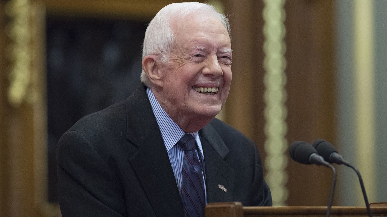 LONDON, ENGLAND - FEBRUARY 3: Former U.S. President Jimmy Carter receives delivers a lecture on the eradication of the Guinea worm, at the House of Lords on February 3, 2016 in London. The lecture, entitled Final Days of the Fiery Serpent: Guinea Worm Eradication, was delivered by President Carter on behalf of The Carter Centre. (Photo by Eddie Mullholland-WPA Pool/Getty Images)