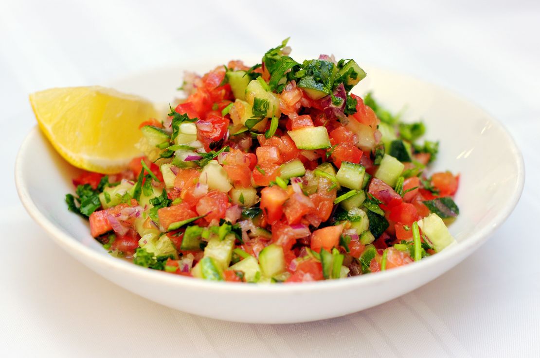 This Israeli salad features fresh tomatoes and cucumbers, grown year-round in Israel.