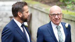 Rupert Murdoch with his son Lachlan Murdoch arrives at St Bride's Church for a service to celebrate his marriage to Jerry Hall on March 5, 2016 in London, England.