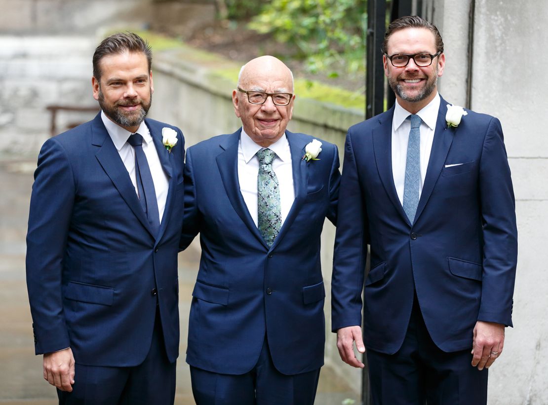 Rupert Murdoch with his sons Lachlan (left) and James (right) attending his wedding to Jerry Hall in London on March 5, 2016.