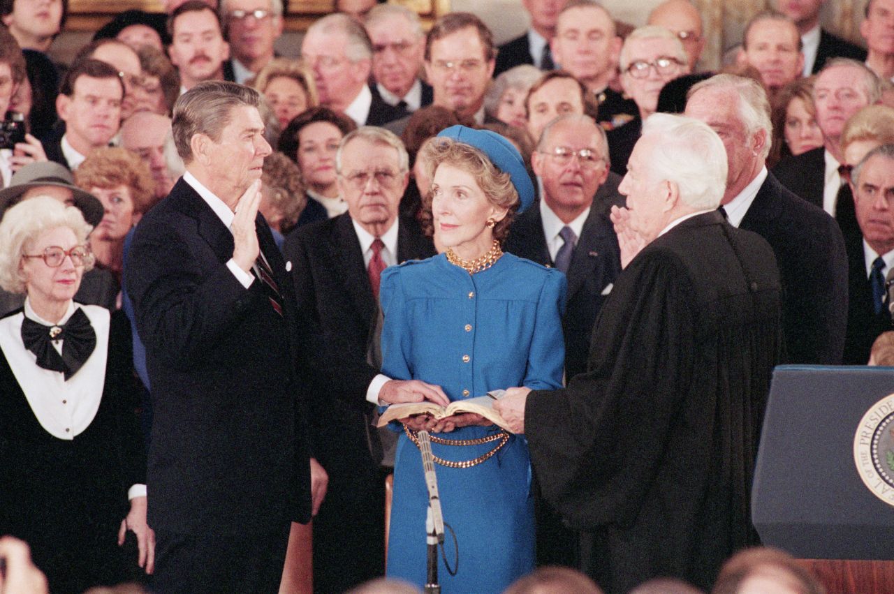 President Ronald Reagan is sworn in by Chief Justice Warren Burger in the Capitol rotunda in 1985.