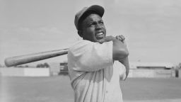 (Original Caption) Jackie Robinson's stance at bat while while working out with Montreal Royals during traing at Stanford, FLorida. PHOTO, UNDATED.
