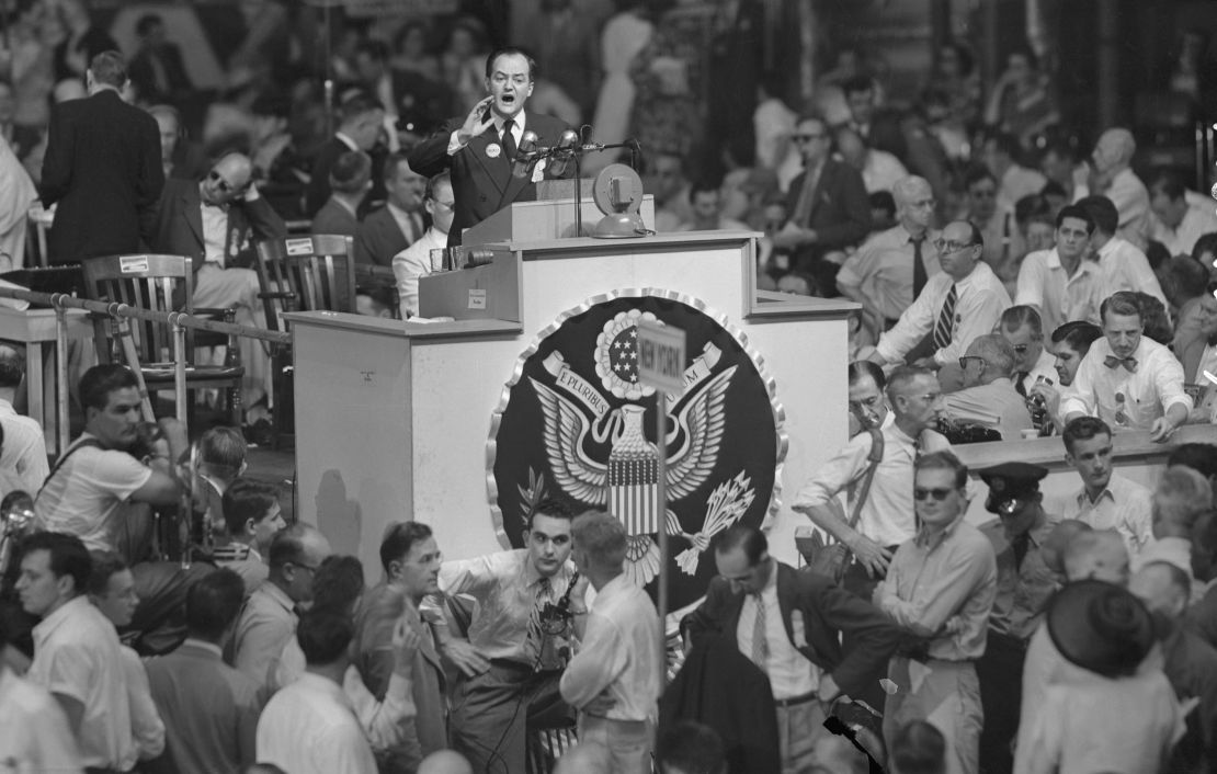 Mayor of Minneapolis Hubert H. Humphrey addressing the Democratic National Convention. Humphrey submitted a minority report urging the adoption of the civil rights plank in the Democratic platform. When the convention adopted the plank, part of the delegation from Alabama and all 22 of Mississippi's delegates walked out of the convention in protest of the adoption of the plank.