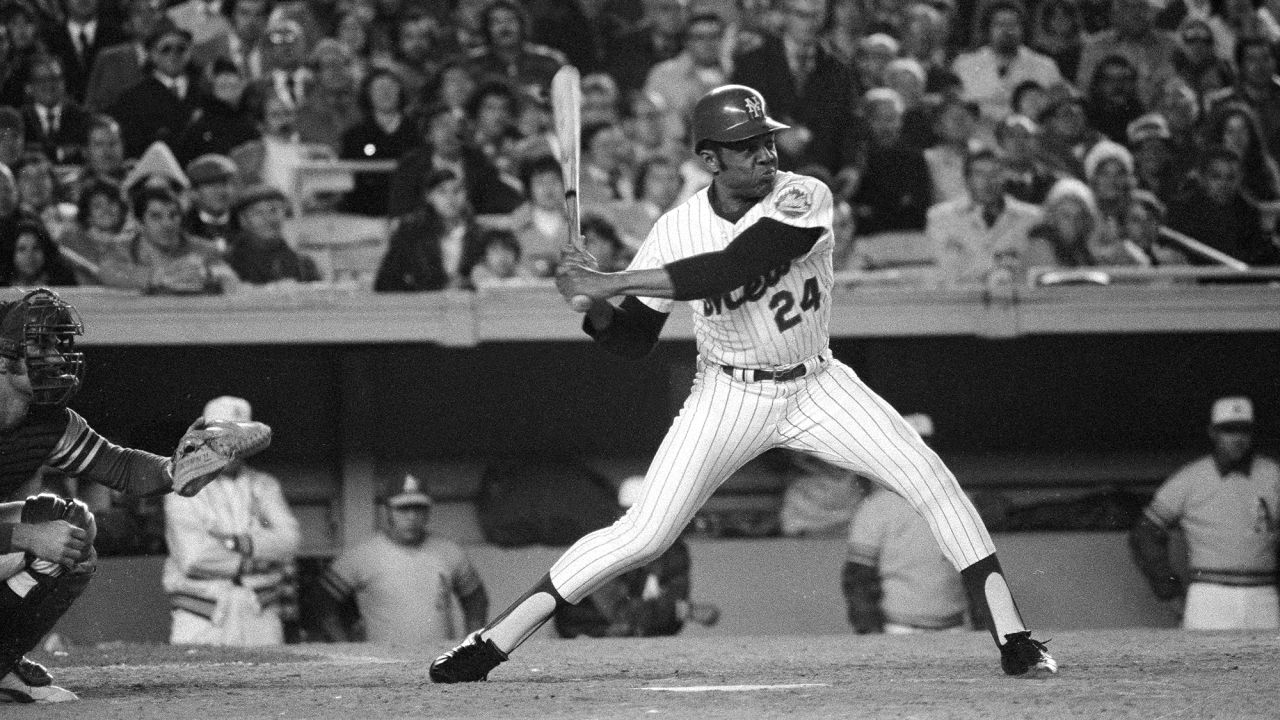 (Original Caption) This photo shows batting action pinch hitting of Willie Mays for Tug McGraw in the third game of the World Series. It was his last time at bat.