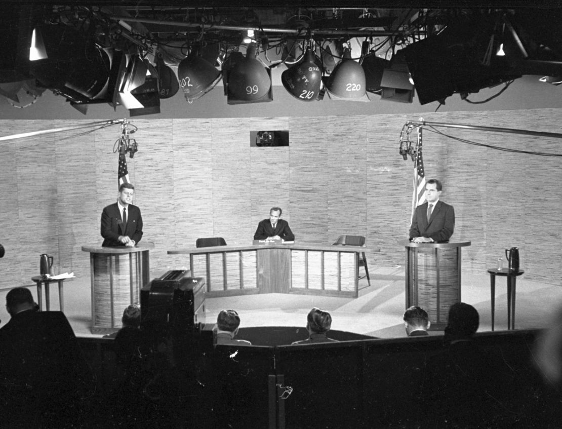 Sen. John F. Kennedy and Vice President Richard Nixon, right, participate in a presidential debate in Washington, DC, in October 1960.