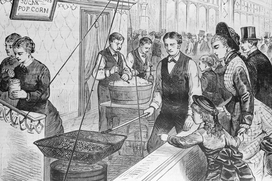 Pembuatan popcorn di Centennial Exposition di Philadelphia, 1876.