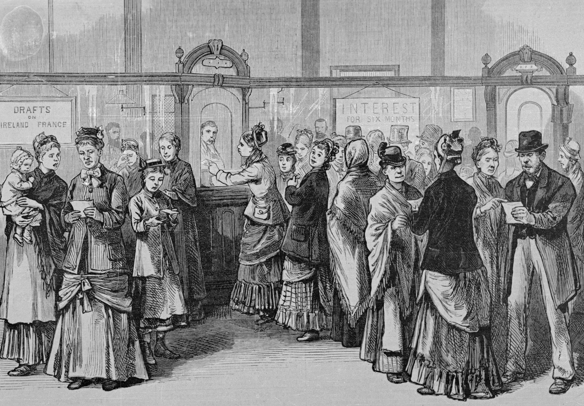 An illustration shows customers of the Emigrant Savings Bank sending money to their families in 1880.