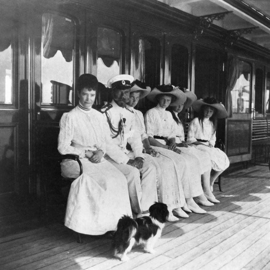 The tsar Nicholas II, his mother (left) and his four daughters on board the Russian Imperial Yacht in 1911.