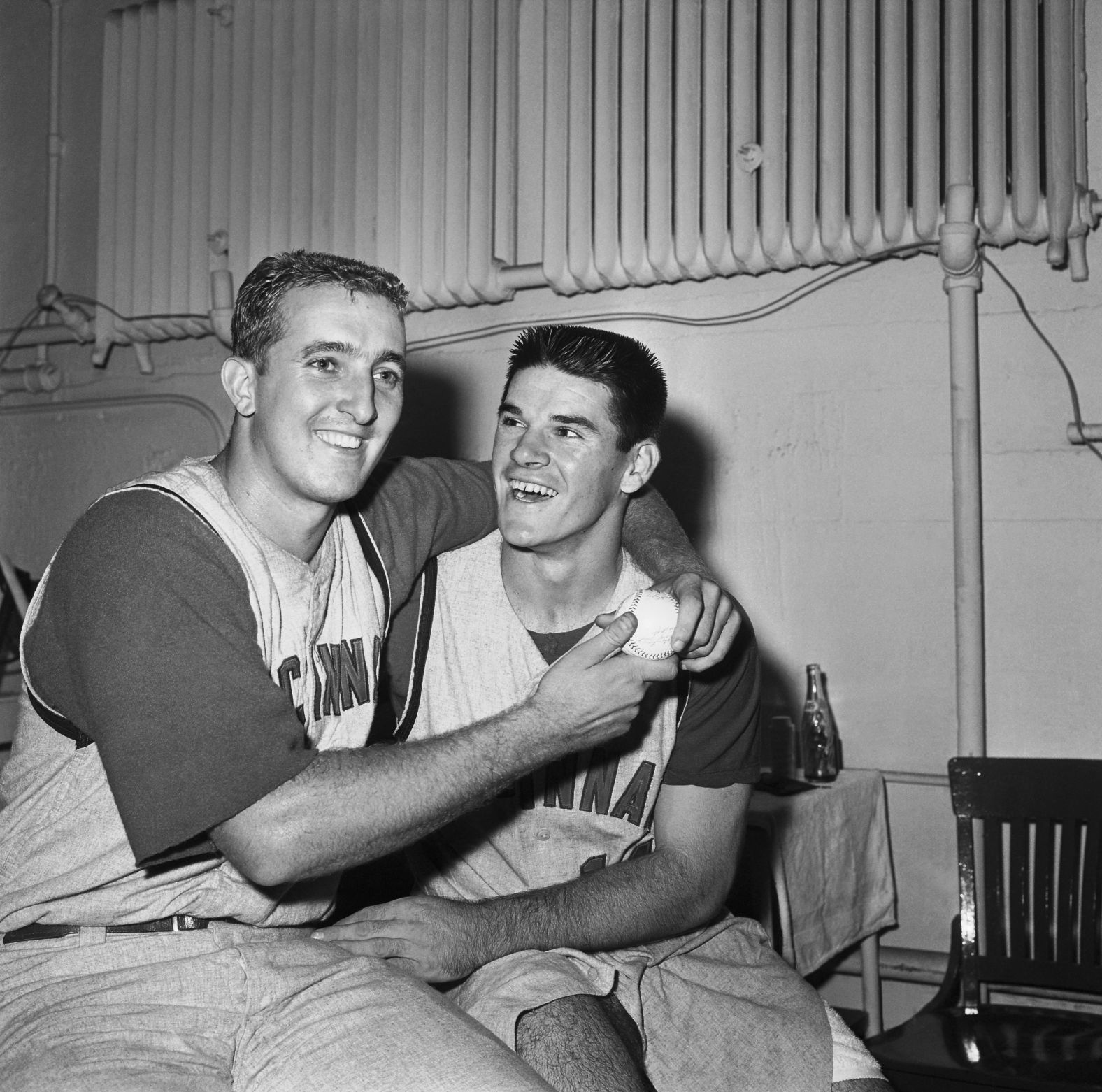 Rose and Cincinnati Reds teammate Jim Maloney celebrate in the dressing room after winning the second game of a doubleheader against the New York Mets in 1963. The Reds won the game 1-0 after Rose hit a first-inning home run and Maloney pitched a shutout.