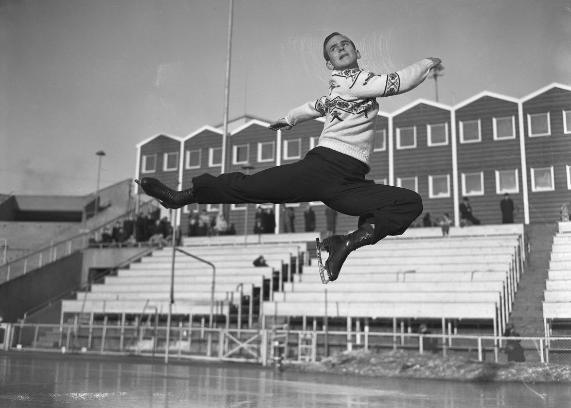 Dick Button warms up before successfully defending his Olympic title of the winter games in 1952.