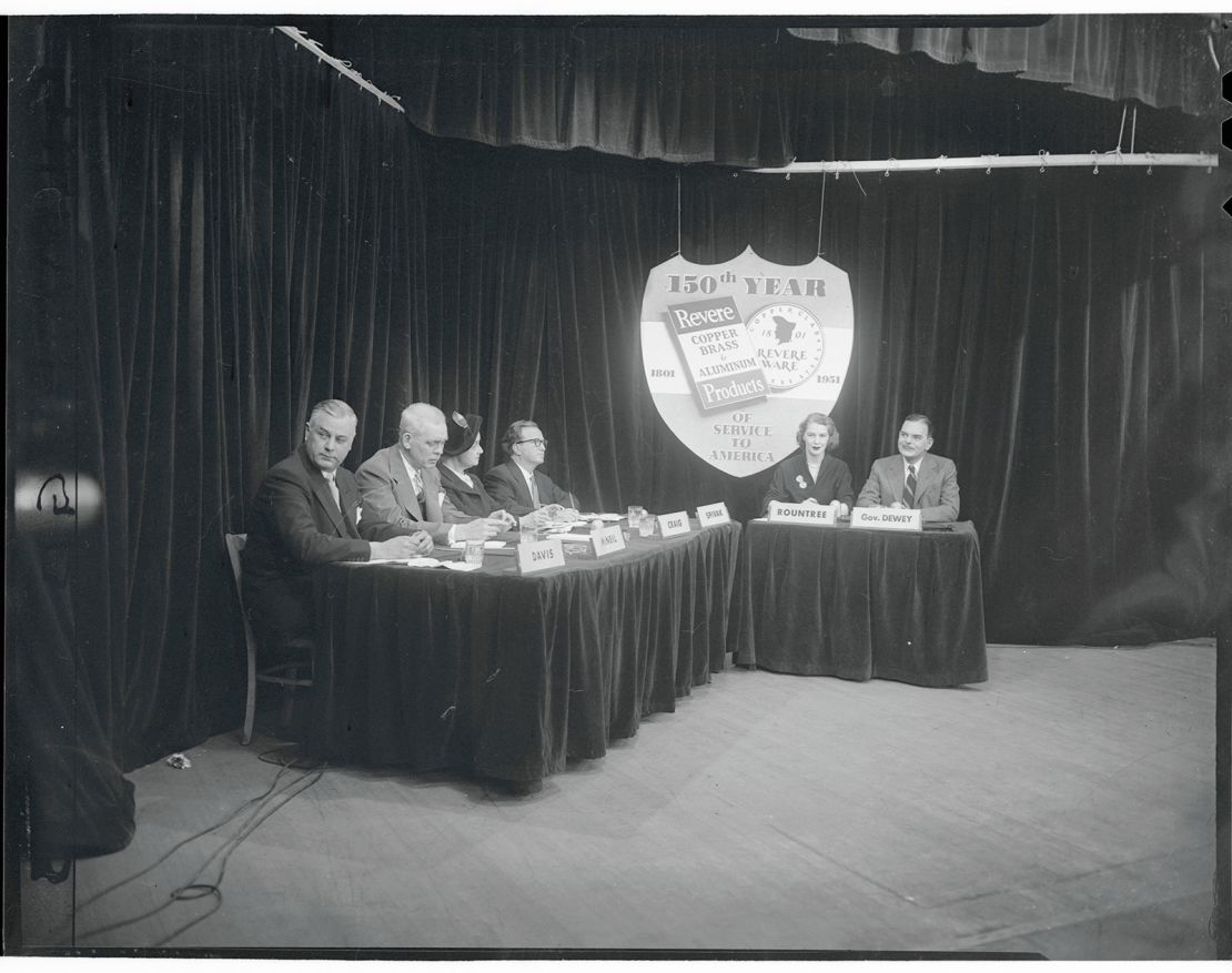 (From left) Murray Davis, Marshal McNeil, May Craig, Lawrence Spivak, Martha Rountree and New York Governor Thomas E. Dewey on 'Meet the Press' in 1951.