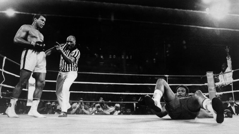 Foreman hits the canvas for the first time in his career, during the “Rumble in the Jungle” fight against Muhammad Ali on October 30, 1974. Ali used his now-famous "rope-a-dope" strategy to tire out the heavy-hitting Foreman and win with an eighth-round knockout. It was Foreman's first professional loss.