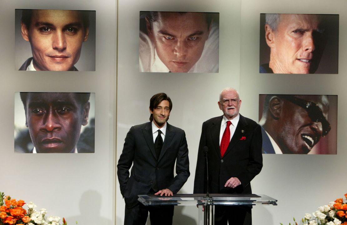 Adrien Brody and then Academy of Motion Picture Arts and Sciences President Frank Pierson announcing the best actor winner at the Academy Awards in 2005. Jamie Foxx won for his performance in "Ray."