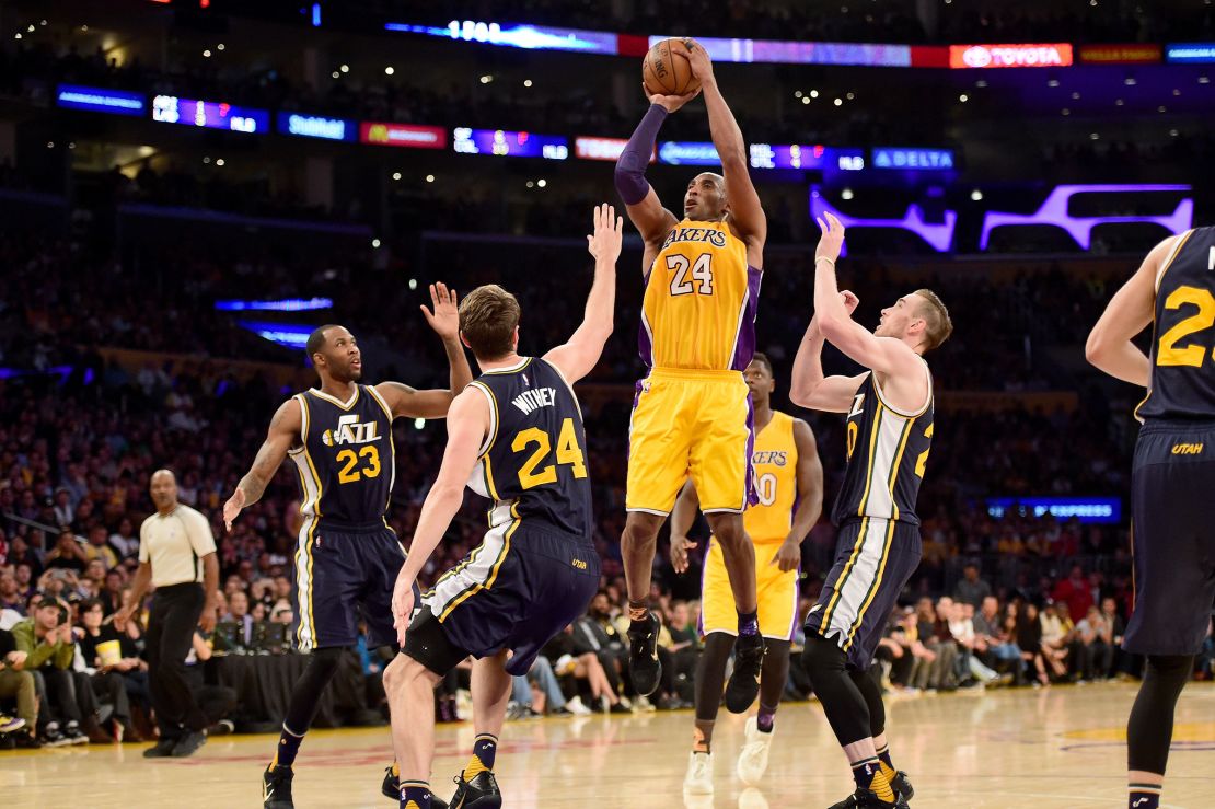 Kobe Bryant will score a shot against the Utah Jazz in the fourth quarter at the Staples Center in Los Angeles on April 13, 2016.