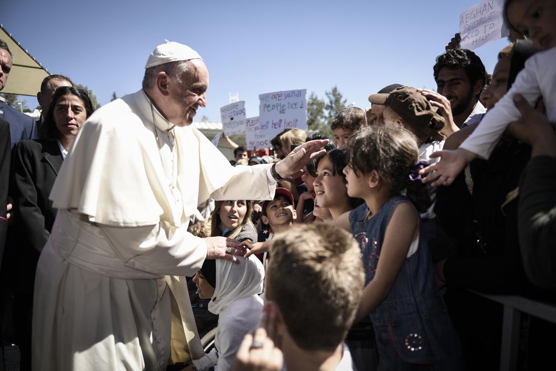 Pope Francis meets with migrants at the Moria detention center in Mytilene, Lesbos, Greece, on April 16, 2016.