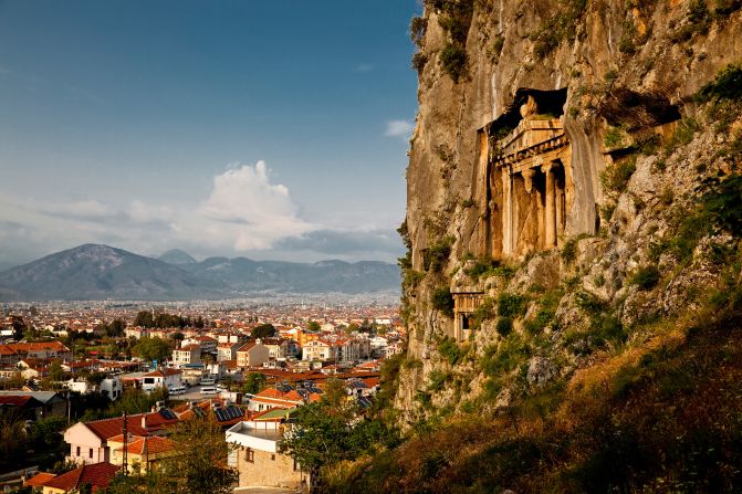 <strong>Tombs with a view:</strong> Lycian burial sites can be found all over southwestern Turkey. Some, like this above the coastal city of Fethiye, are carved in the side of cliffs.