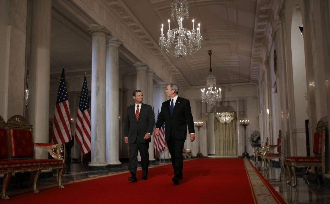President George W. Bush, right, and Judge John Roberts, left, arrive to announce Roberts' nomination to the Supreme Court in a televised address to the nation from the White House in Washington on July 19, 2005.