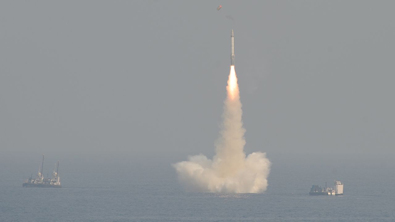 India tested its medium range Submarine Launched Ballistic Missile system, it was launched from a secret location in the Bay of Bengal from a depth of 50 meters. This nuclear capable missile will now be deployed on INS Arihant, India's locally made N-powered submarine. India became the fifth nation to have this potent technology by which it can stealthily hide its nuclear weapons deep in the ocean and strike at will. India calls these Weapons of Peace. It is an intelligent missile (Photo by Pallava Bagla/Corbis via Getty Images)