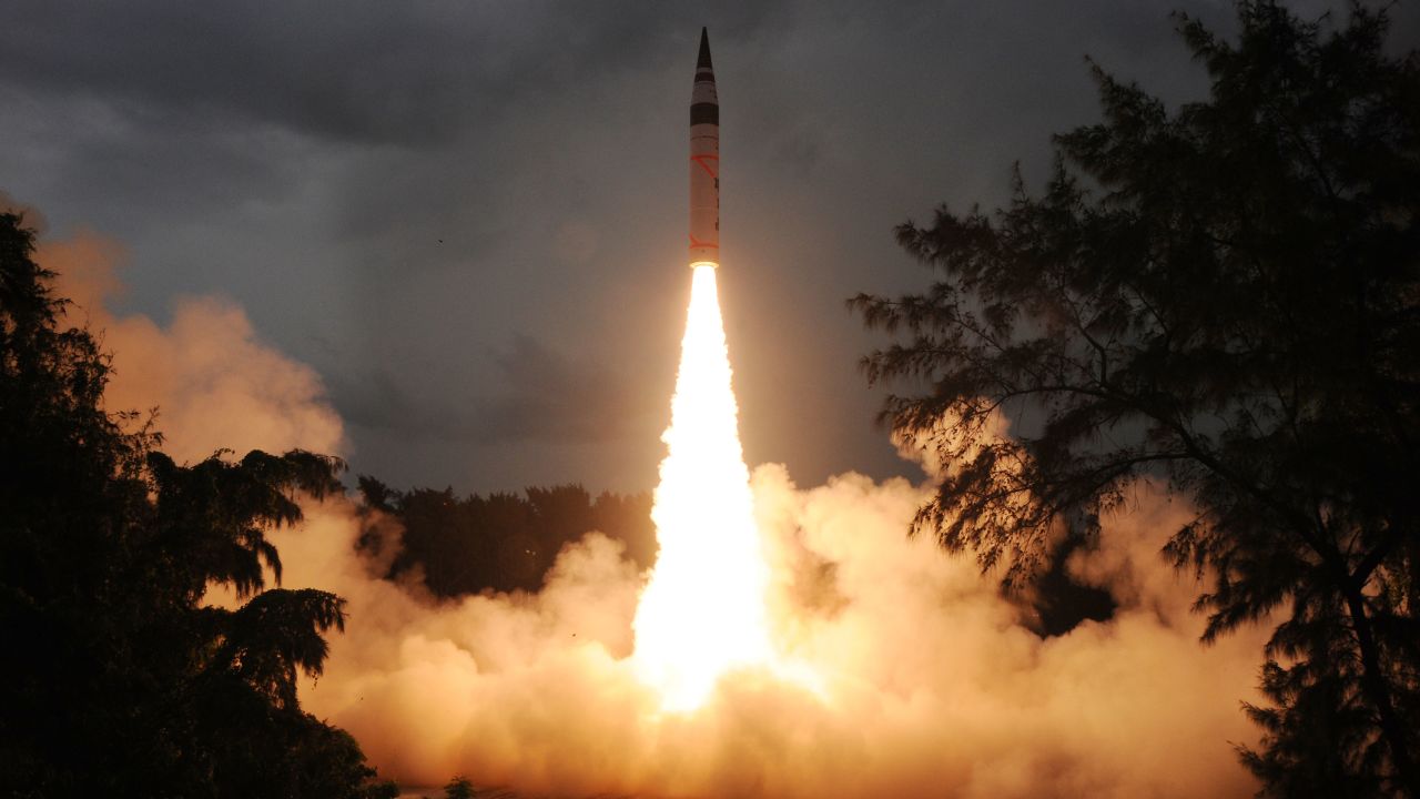 September 15, 2023. India today successfully test fired for the second time it's long range nuclear capable Agni-5 missile that has a range of over 5000 kilometres. India now joins the select club of nations like United States, UK, Russia, France and China that have the capability to operate a missiles across continents, striking at will in Europe, Asia and Africa. The missile can carry a 1000 kg nuclear warhead and has three rocket motors and was launched from Wheeler Island in India. (Photo by Pallava Bagla/Corbis via Getty Images)