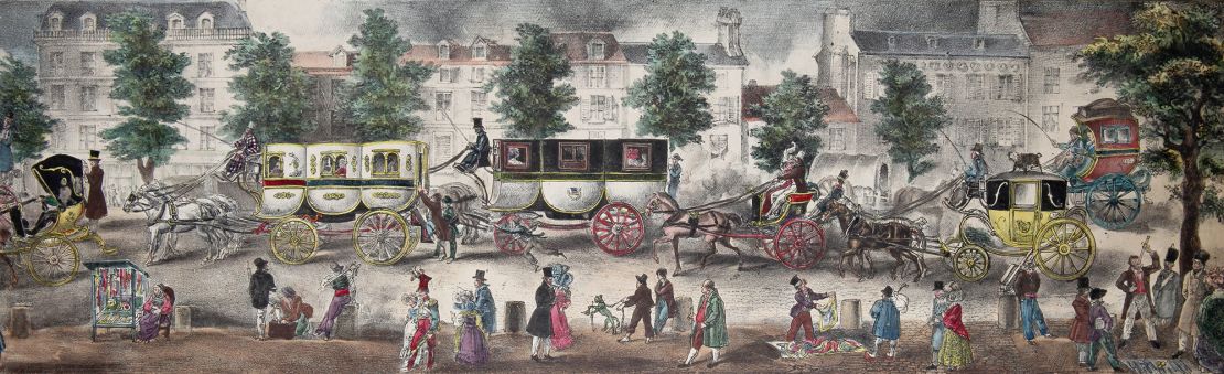 Coloured engraving depicting pedestrians and carriages on the boulevards of Paris, France, around 1750.