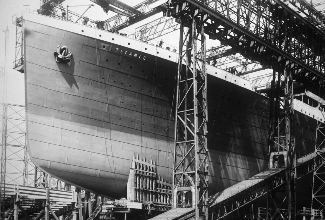 The Titanic under construction at a<strong> </strong>Harland & Wolff shipyard in Belfast. The ship hit an iceberg and sank on her maiden voyage in April 1912.