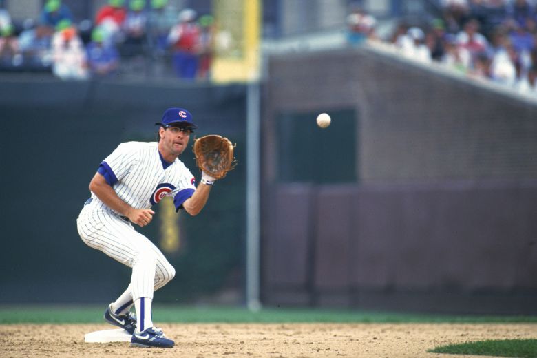 Sandberg fields a ball during a game at Wrigley Field in 1982.
