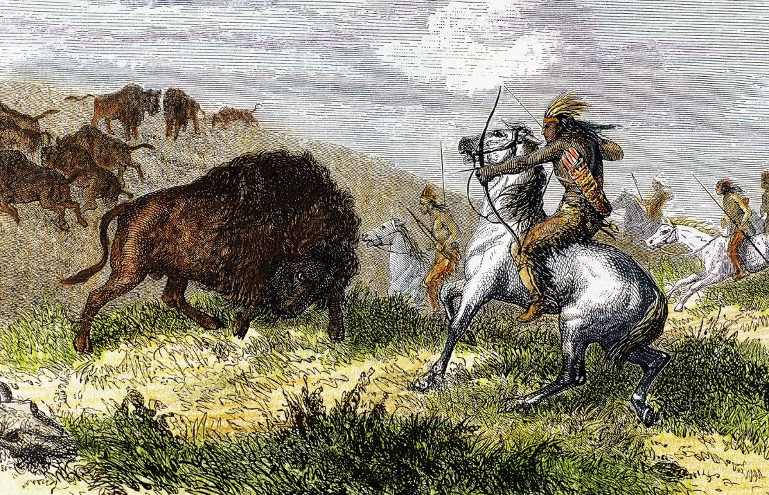 A 19th century engraving shows Native Americans hunting bison, which they called buffalo. The Indians hunted them sustainably for centuries. When European settlers hunted the bison almost to extinction, it devastated the Plains tribes.