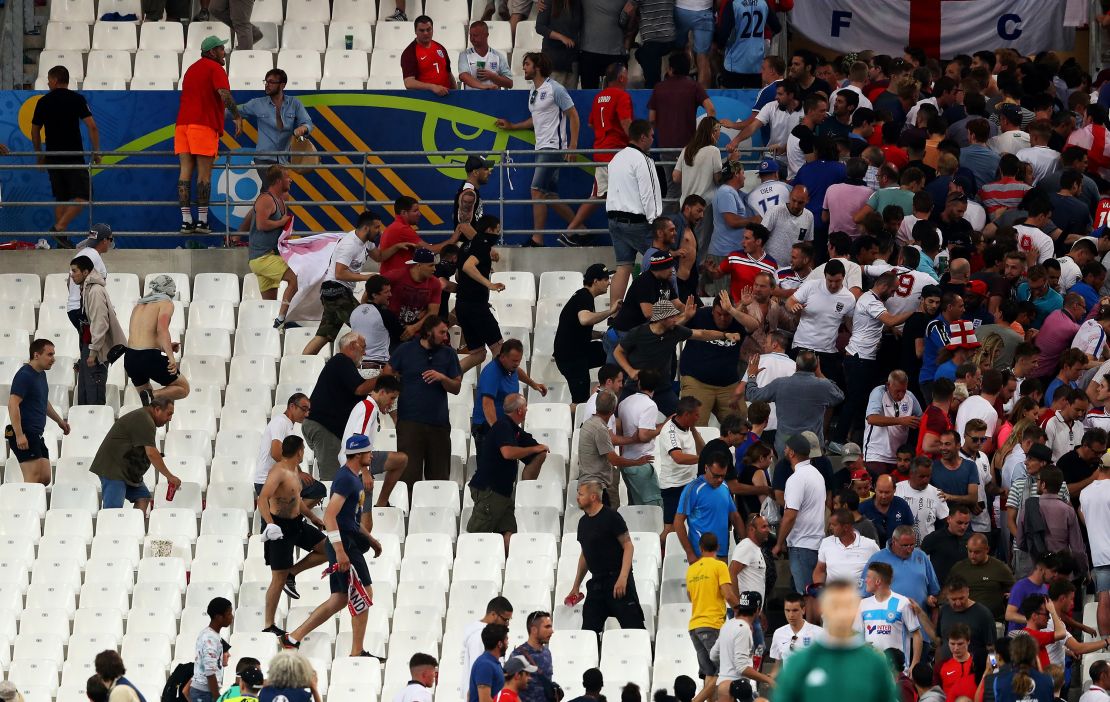 MARSEILLE, FRANCE - JUNE 11: Fans clash after the UEFA EURO 2016 Group B match between England and Russia at Stade Velodrome on June 11, 2016 in Marseille, France. (Photo by Lars Baron/Getty Images)