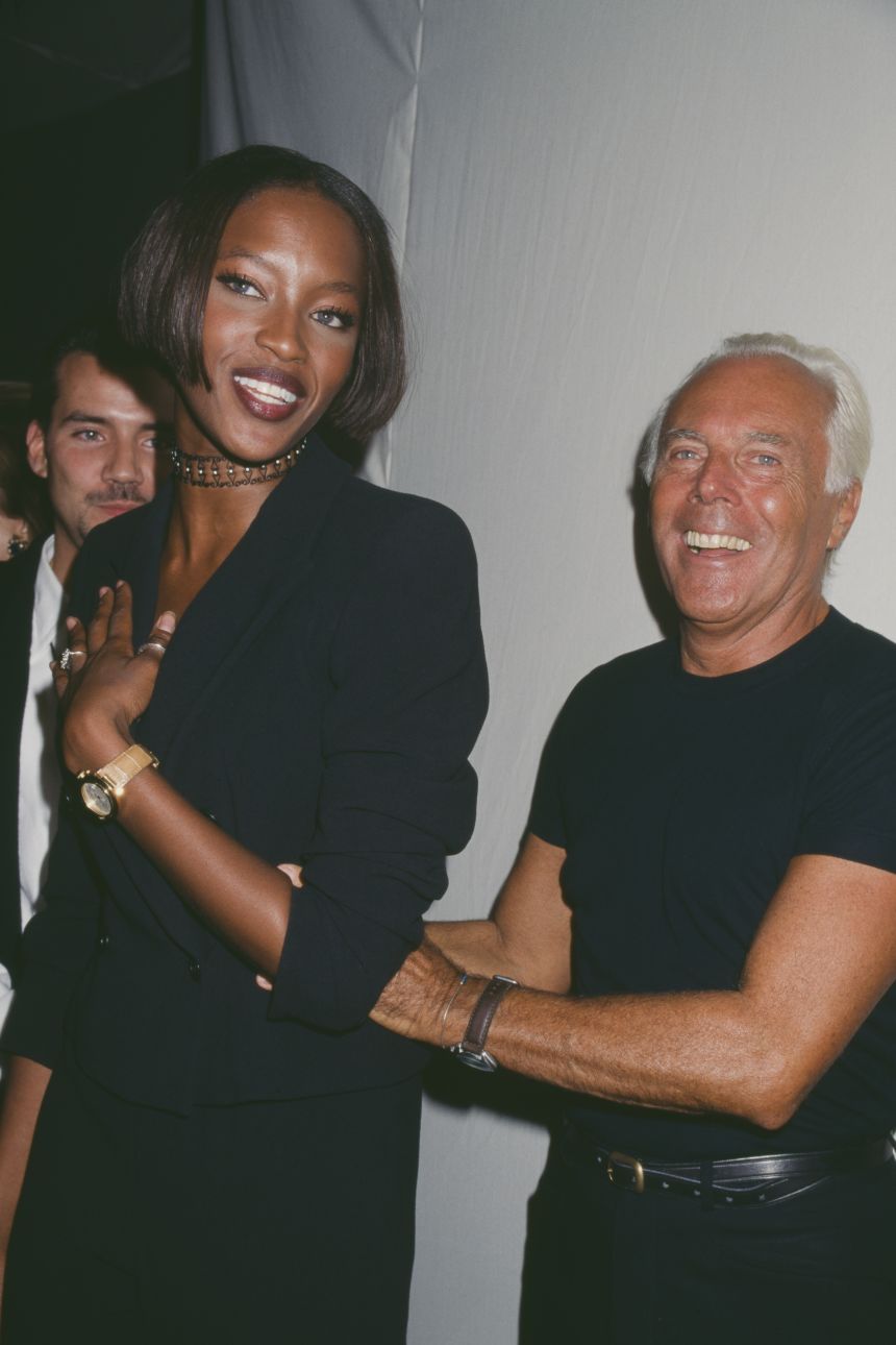 Supermodel Naomi Campbell, hier gezien met Armani op een privéfeest in het midden van de jaren negentig, beschreef de overleden ontwerper als een 
