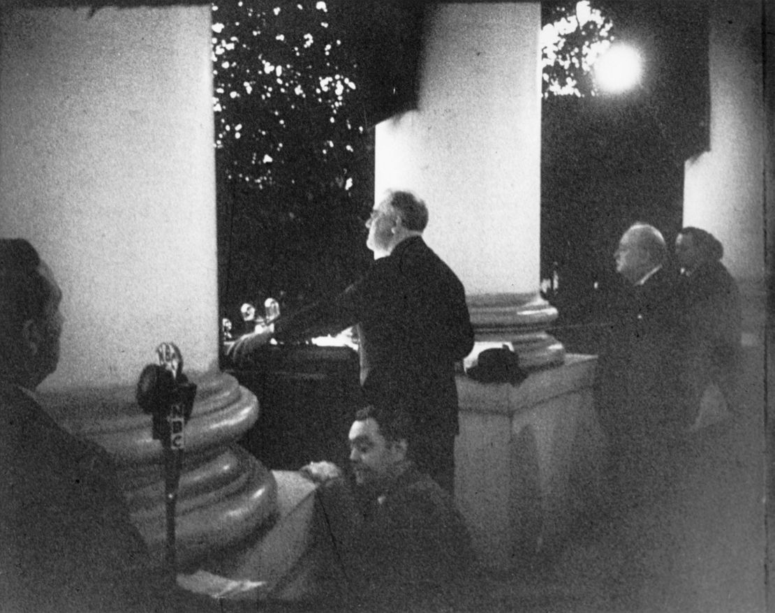 Winston Churchill, second from right, and Franklin Roosevelt, center, at the White House during Christmas 1941.