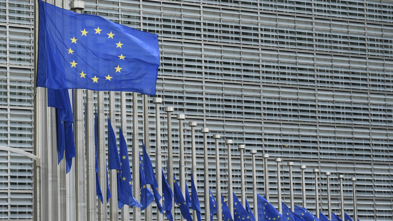 This photo taken on July 15, 2016 shows European Union flags flying at half-mast in front of  the European Commission building in Brussels on July 15, 2016, the day after a gunman smashed a truck into a crowd of revellers celebrating Bastille Day in Nice, killing at least 84 people. A Tunisian-born man zigzagged a truck through a crowd celebrating Bastille Day in the French city of Nice, killing at least 84 and injuring dozens of children in what President Francois Hollande on July 15 called a "terrorist" attack. (Photo by JOHN THYS / AFP) (Photo by JOHN THYS/AFP via Getty Images)