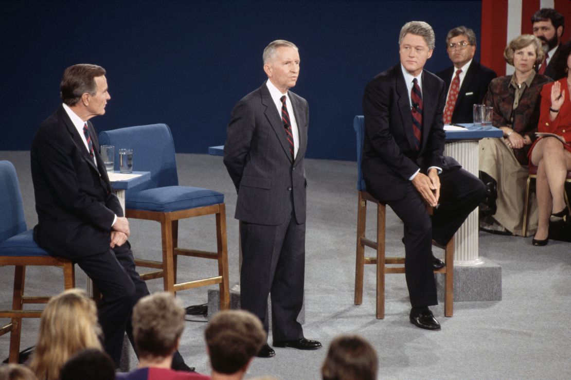 Presidential candidates Bill Clinton, left, Ross Perot, center, and President George Bush, right, participate in a debate in 1992.